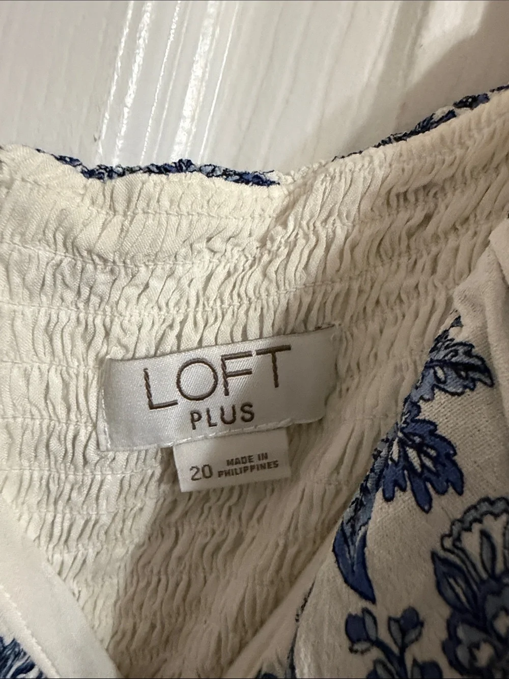 LOFT Plus White Top with Blue Floral Print